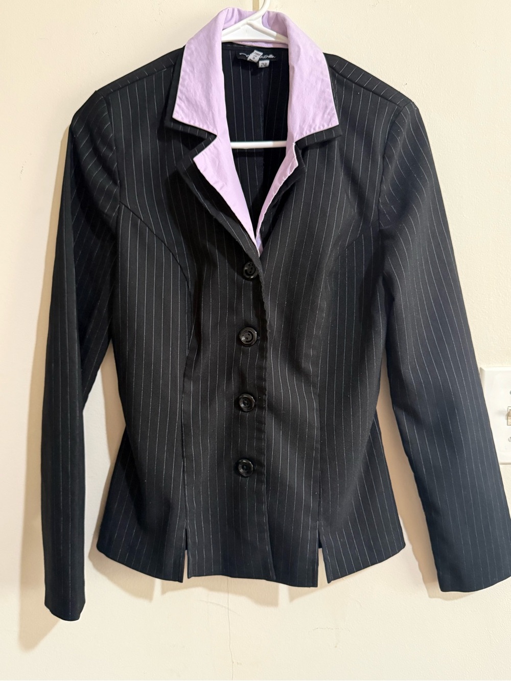 My Michelle Black Pinstripe Blazer with Lilac Collar